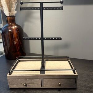 Black and Tan Jewelry Organizer with Drawers and Metal Stand